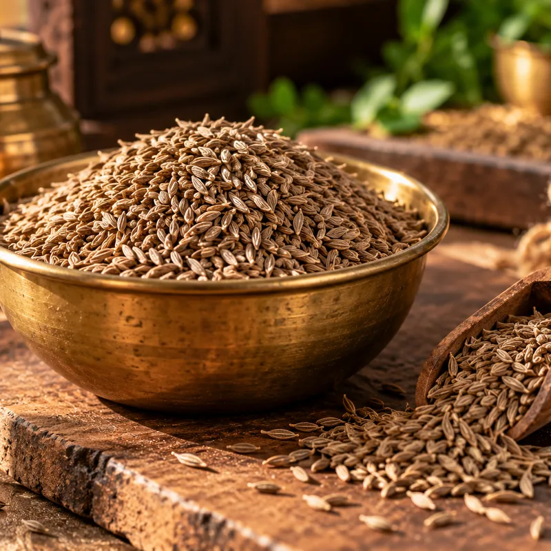 Cumin seeds in a brass bowl with a wooden scoop