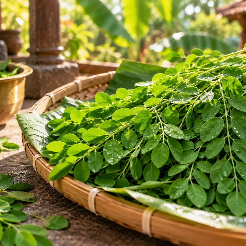 Fresh moringa leaves gathered in a woven tray