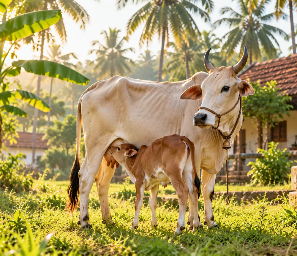 A cow and her calf standing together beside a village house