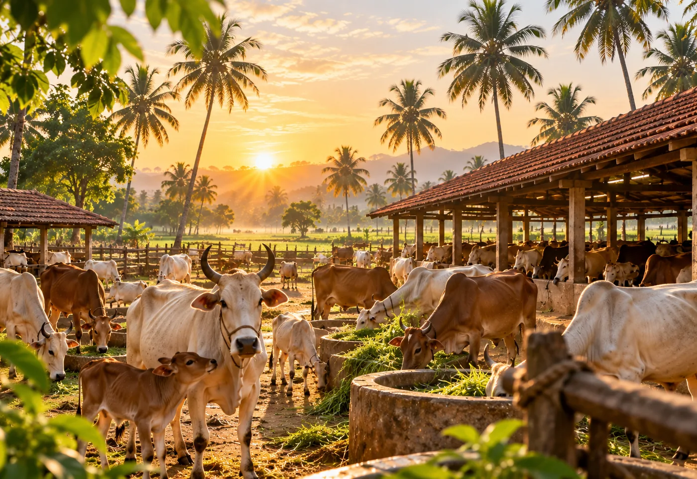 A herd of native cows feeding at a farm at sunrise, beneath a tiled-roof shed and coconut palms