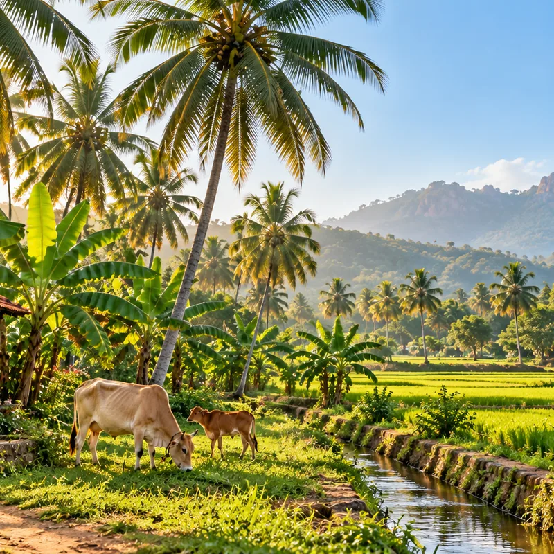 Green paddy fields and coconut palms with hills in the distance