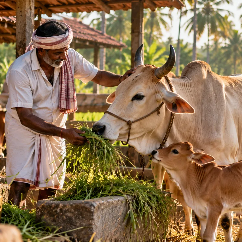 A farmer feeding fresh fodder to his cattle