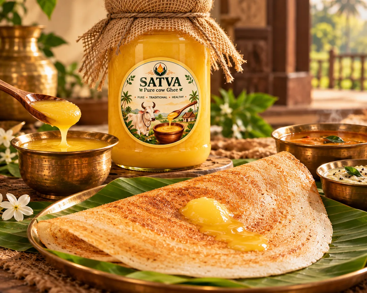 A ghee roast dosa on a banana leaf with chutney, sambar and a jar of SATVA ghee
