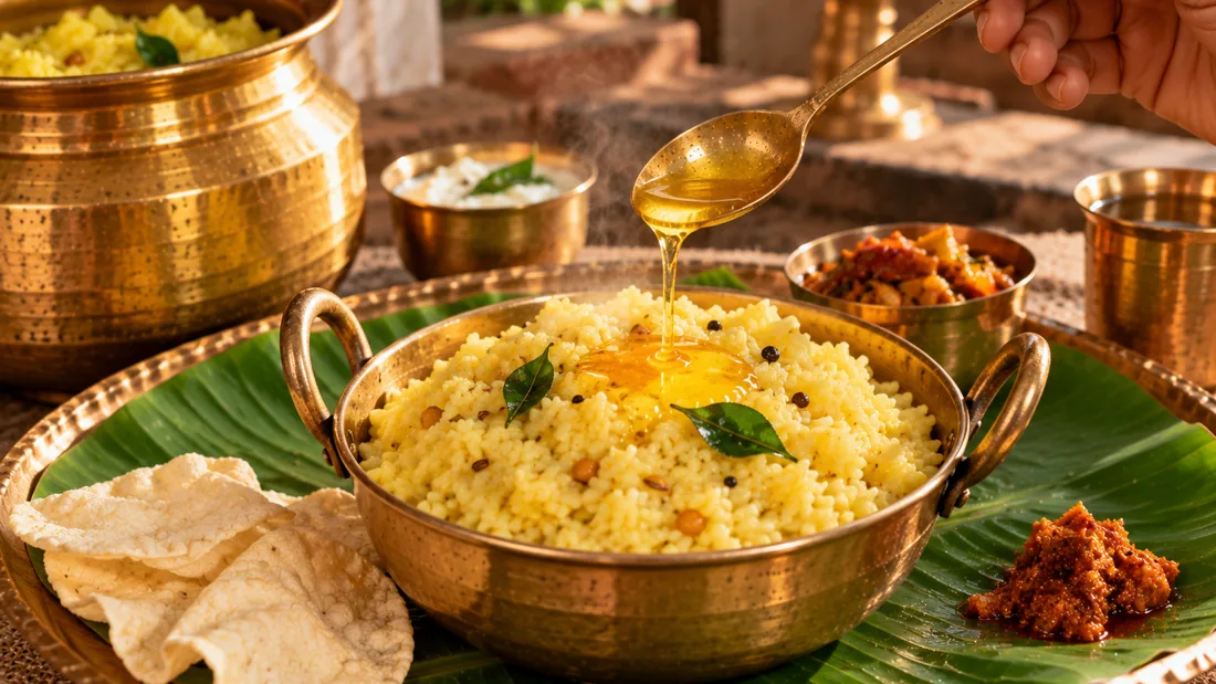 Paruppu sadam in a brass dish on a banana leaf, with ghee being spooned over it