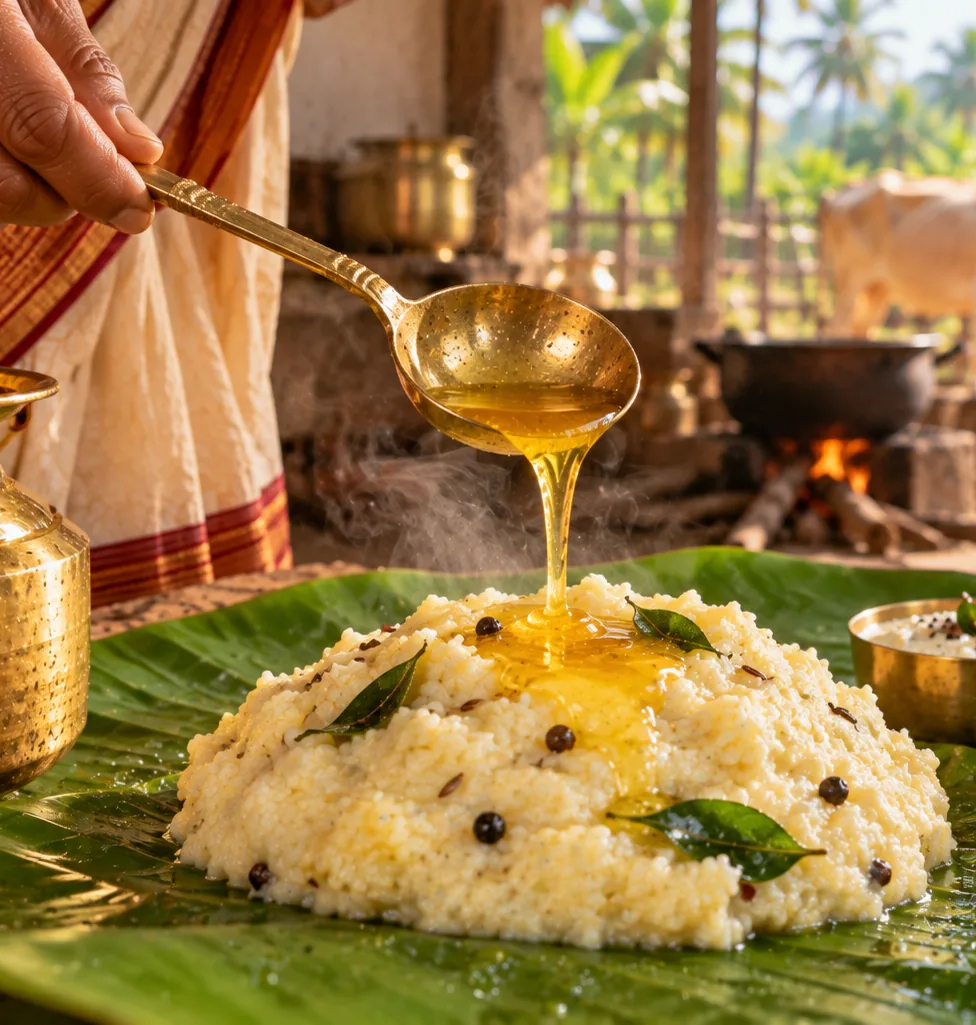 Golden ghee being spooned over hot ven pongal served on a banana leaf