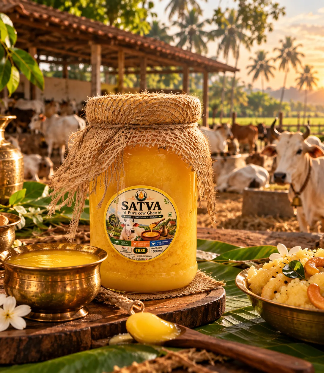 A jar of SATVA pure cow ghee on a wooden board, with cattle and a tiled-roof shed on the farm behind it at sunrise