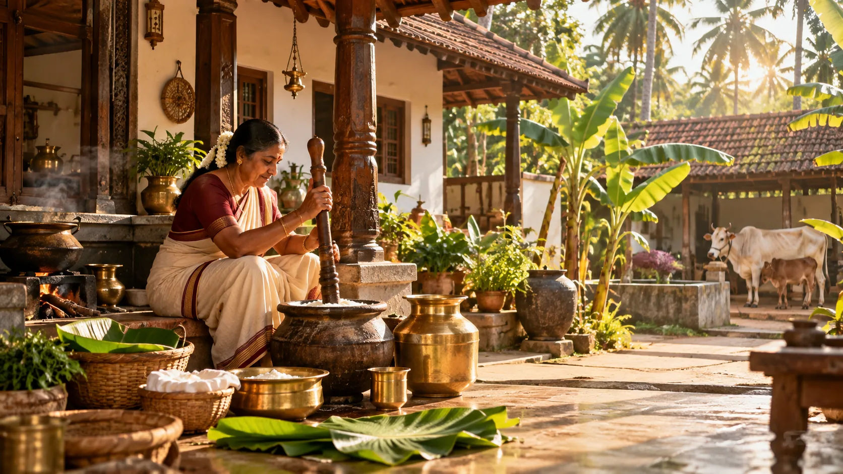 A woman in a saree churning butter with a wooden churner in the courtyard of a traditional home