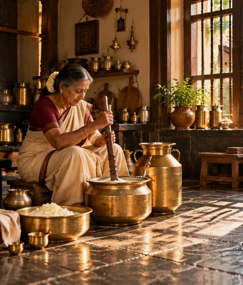 A woman churning in a traditional South Indian kitchen surrounded by brass vessels, lit by morning light