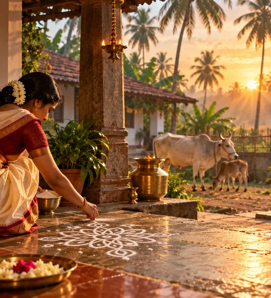 A woman drawing a kolam at her doorstep at sunrise, with cattle in the courtyard beyond