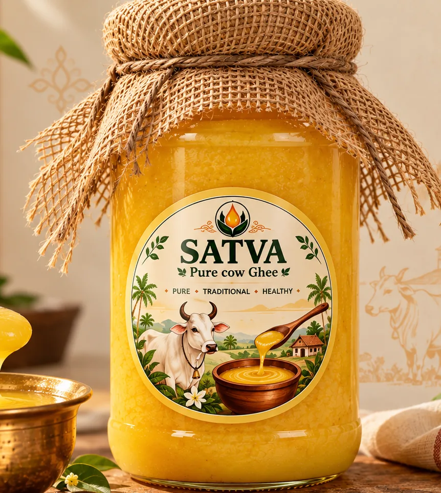 A jar of SATVA pure cow ghee with a burlap-tied lid, 1 litre
