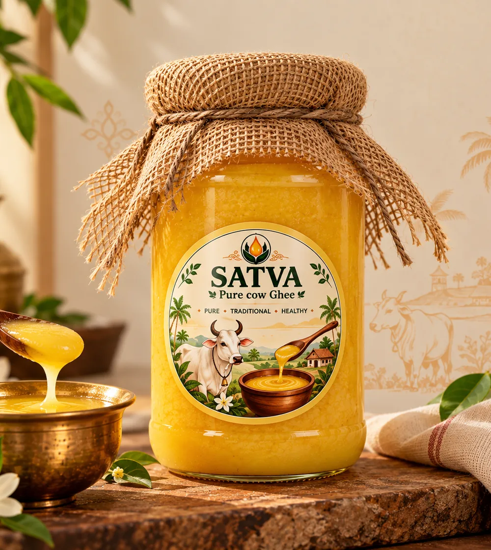 A jar of SATVA pure cow ghee with a burlap-tied lid, 250 ml