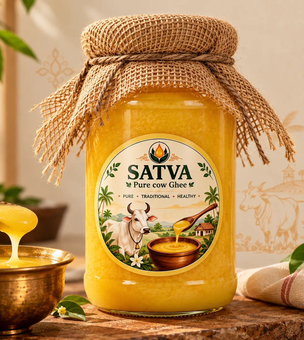 A jar of SATVA pure cow ghee with a burlap-tied lid, 500 ml