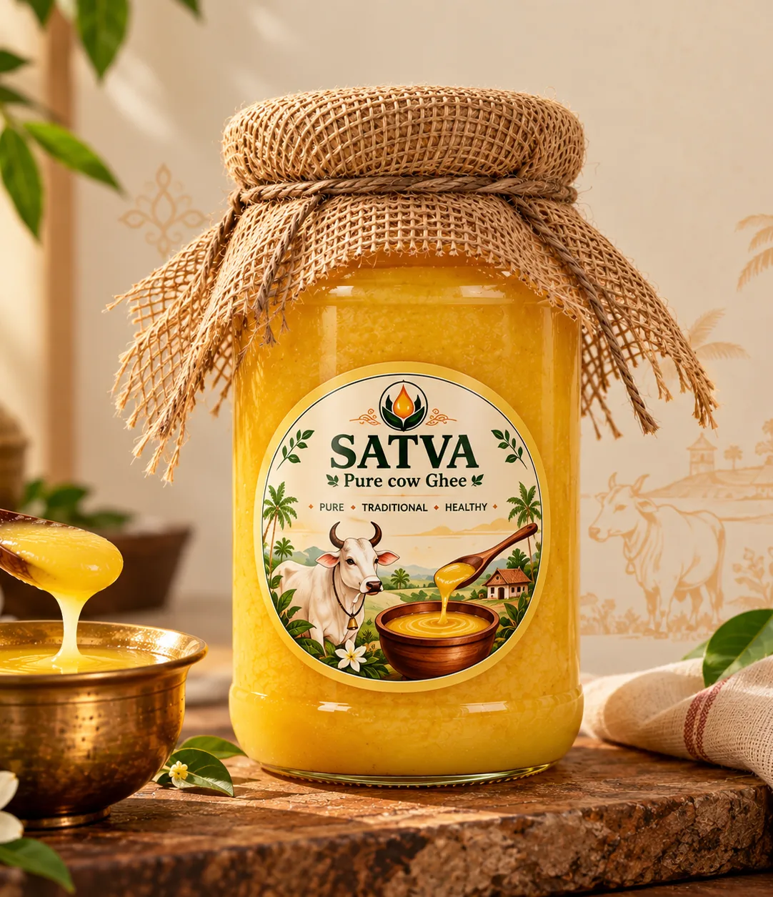 An open jar of SATVA pure cow ghee beside a brass bowl, with ghee dripping from a wooden spoon