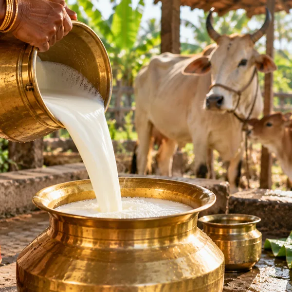 Fresh milk being poured into a brass pot