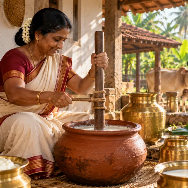 A woman churning curd with a wooden mathu