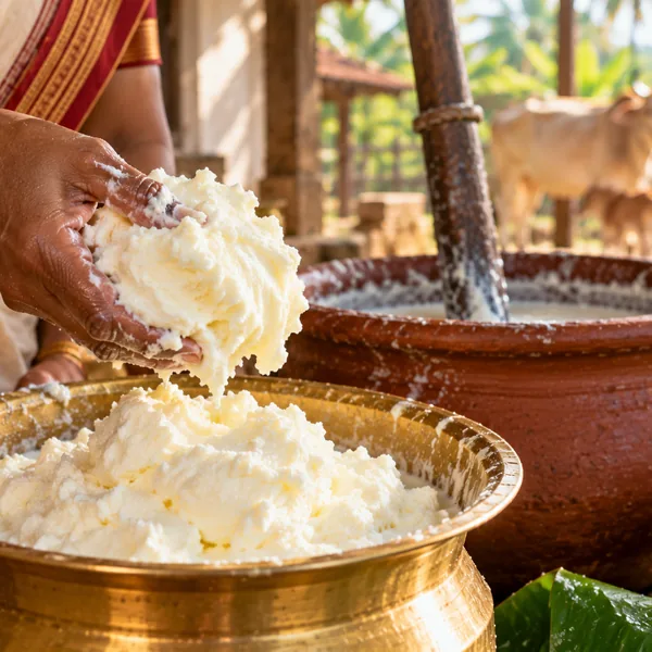 Fresh white butter lifted from the churn into a brass vessel