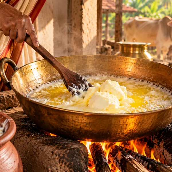 Butter melting slowly in a heavy brass pan over an open fire
