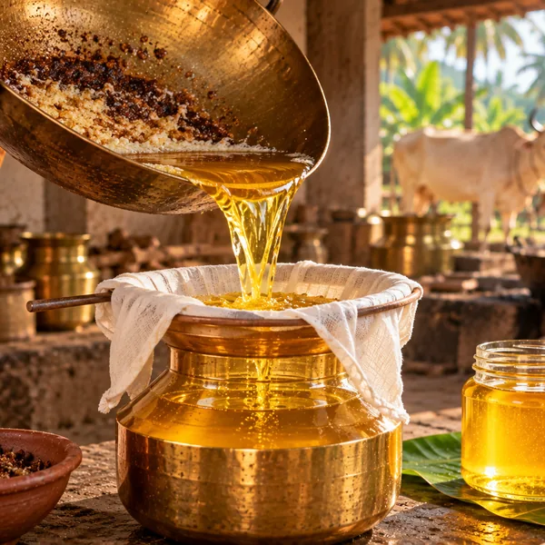Golden ghee being strained through cloth into a brass pot