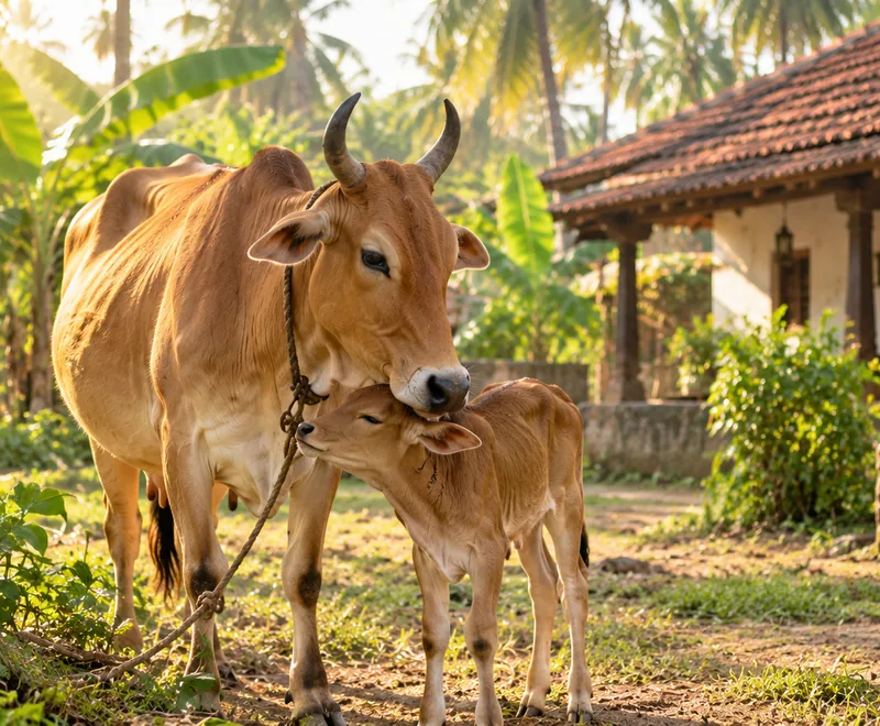 A cow and her calf in a farmyard shaded by banana and coconut trees