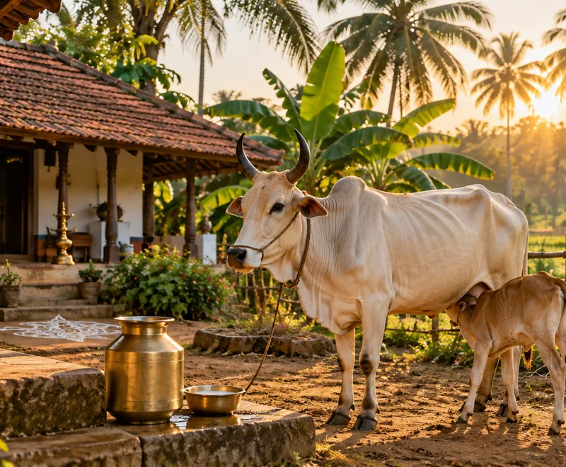 A cow and calf beside a traditional tiled-roof house at golden hour, with a brass milk vessel in the foreground