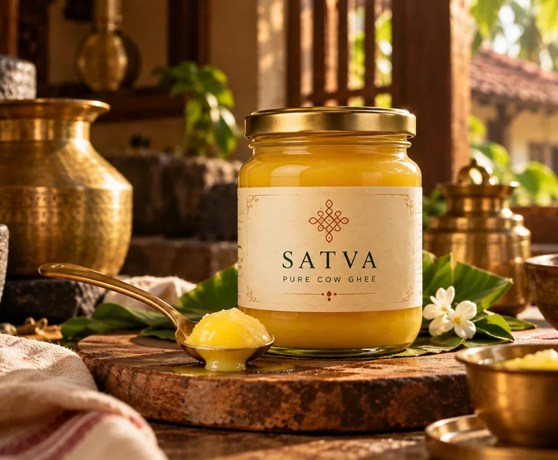 A jar of SATVA ghee on a wooden board with brass vessels and a banana leaf