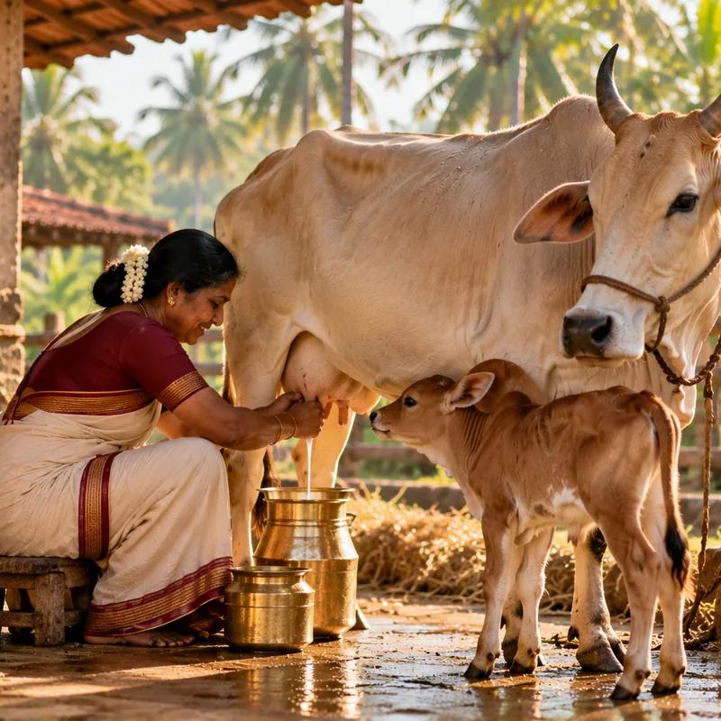 A woman hand-milking a cow into a brass pail while the calf stands beside her